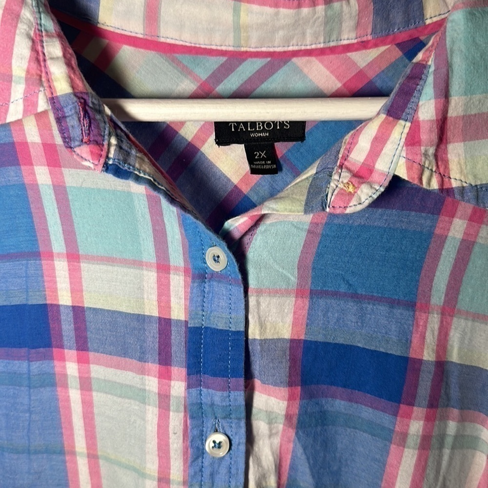 Talbots Spring Plaid Roll Tab Sleeves Top - Picture 2 of 6